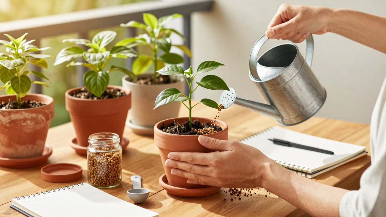 Mãos regando planta em vaso de barro sobre mesa de madeira com cadernos e sementes ao redor.