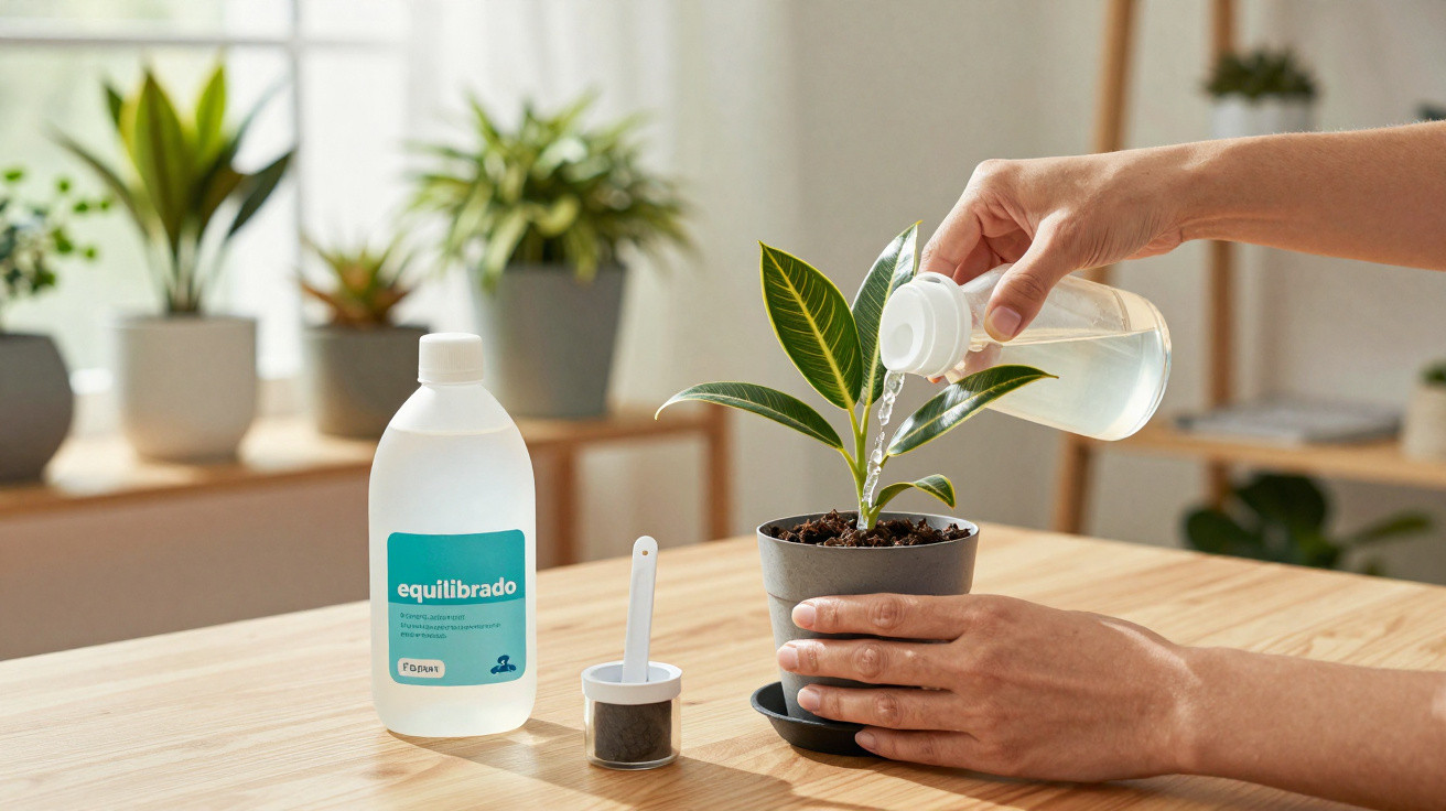 Mãos regando uma planta pequena em vaso cinza sobre mesa com produtos de cuidado ao lado.