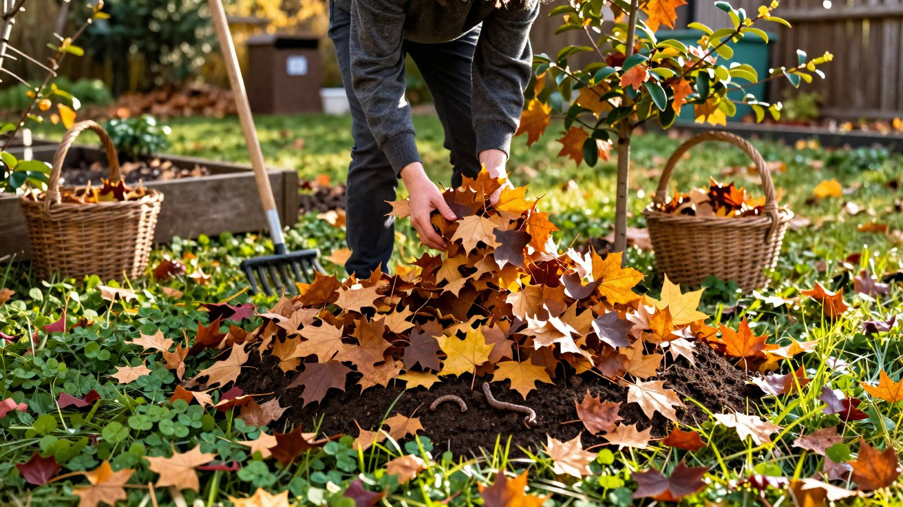 Pessoa recolhendo folhas secas de várias cores em um jardim com cestos e ferramenta de jardinagem ao fundo.