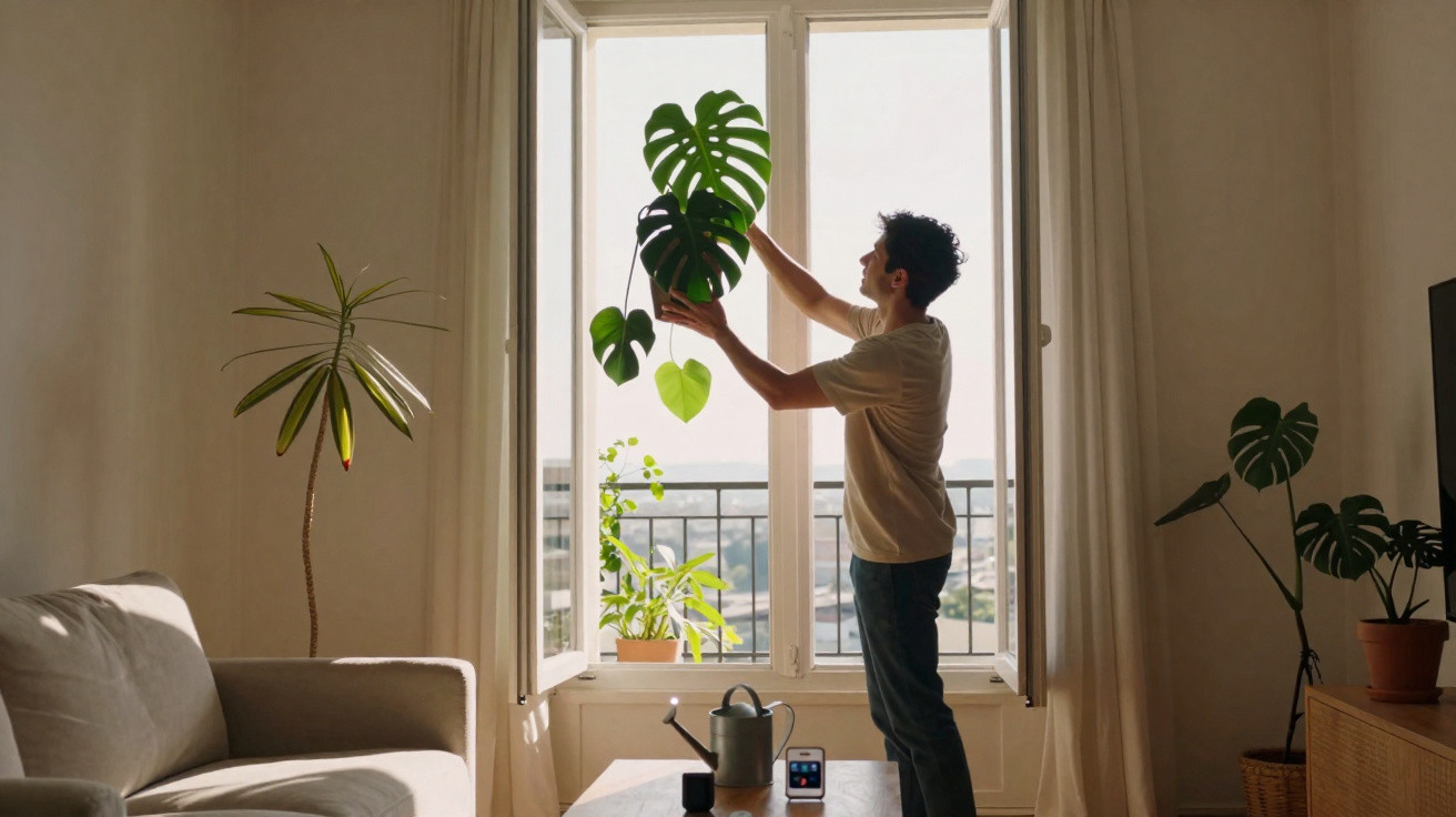 Pessoa segurando planta Monstera perto de janela aberta em sala com sofá e outras plantas.