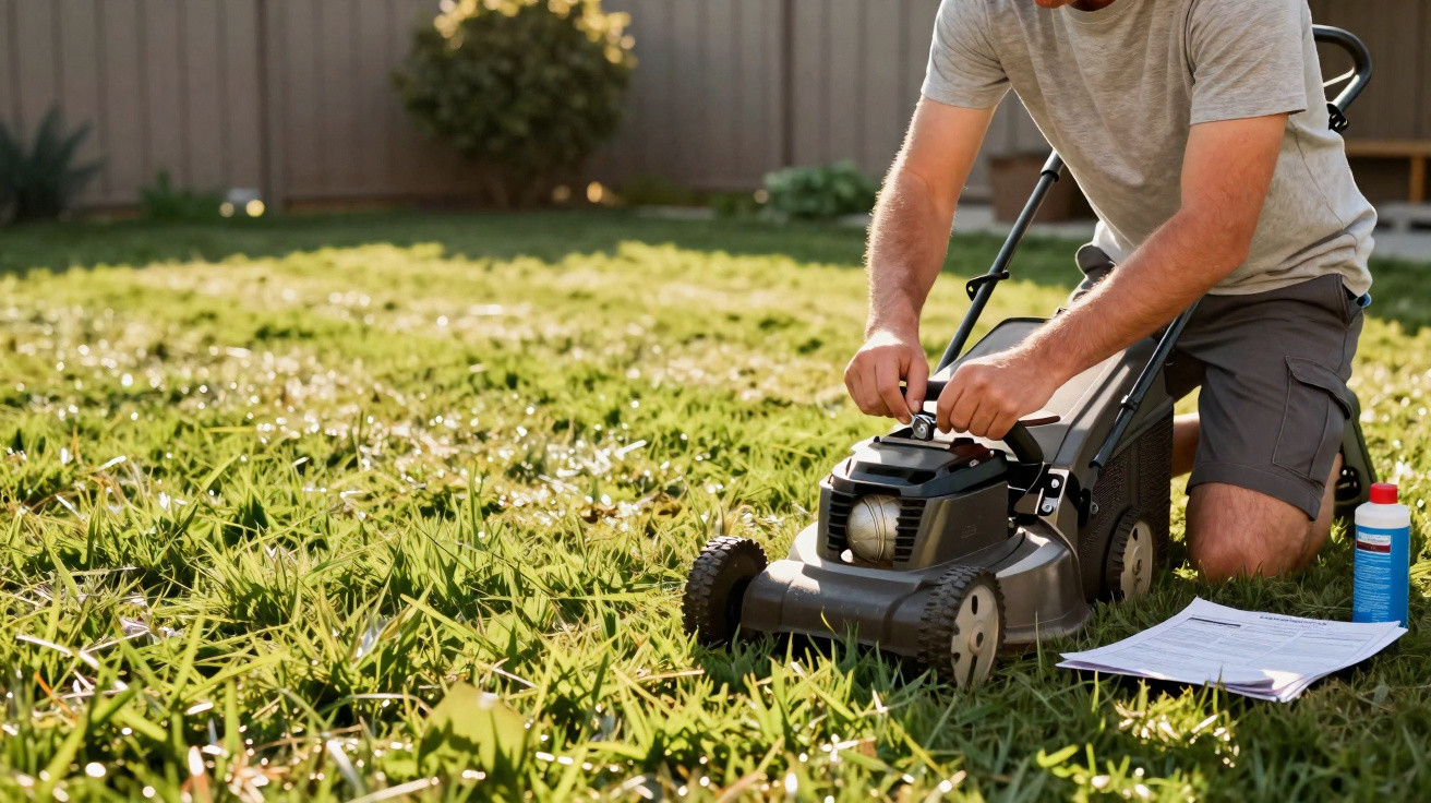 Homem ajustando cortador de grama em jardim com folhas e manual ao lado.