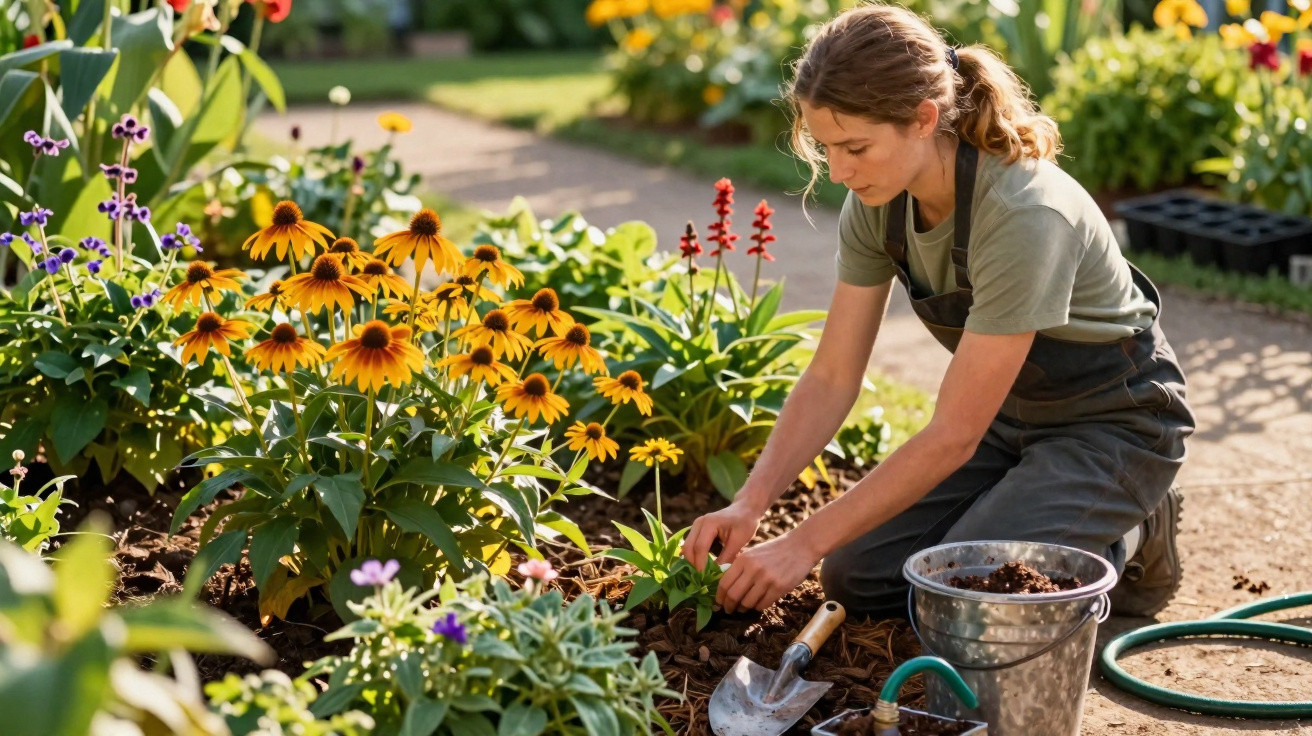Mulher cuidando de plantas em jardim com flores amarelas e utensílios de jardinagem ao redor.
