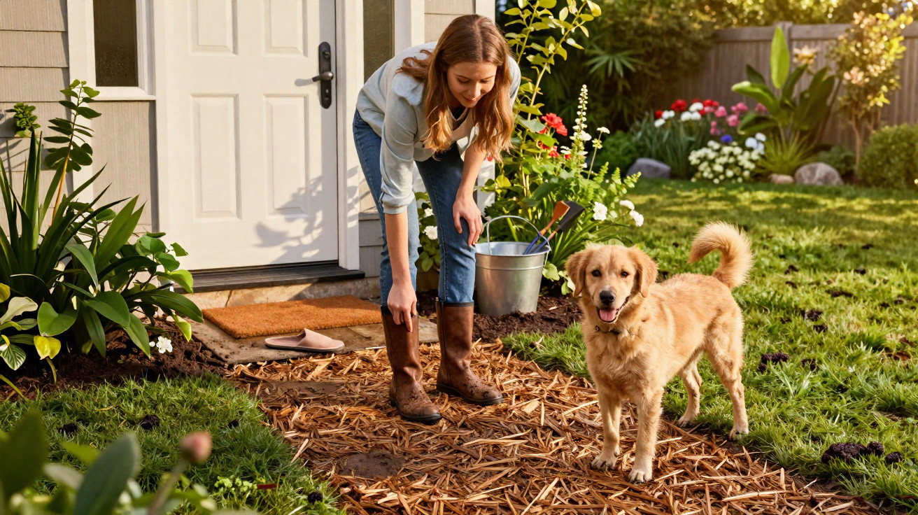 Mulher arrumando botas no jardim com cachorro dourado alegre próximo à porta da casa.