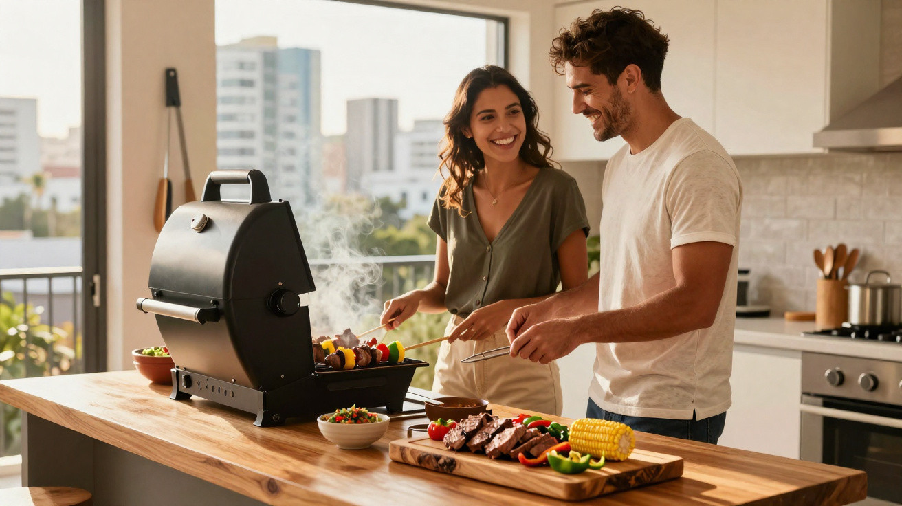 Casal feliz preparando churrasco em grelha elétrica na cozinha com utensílios e comida sobre balcão de madeira.