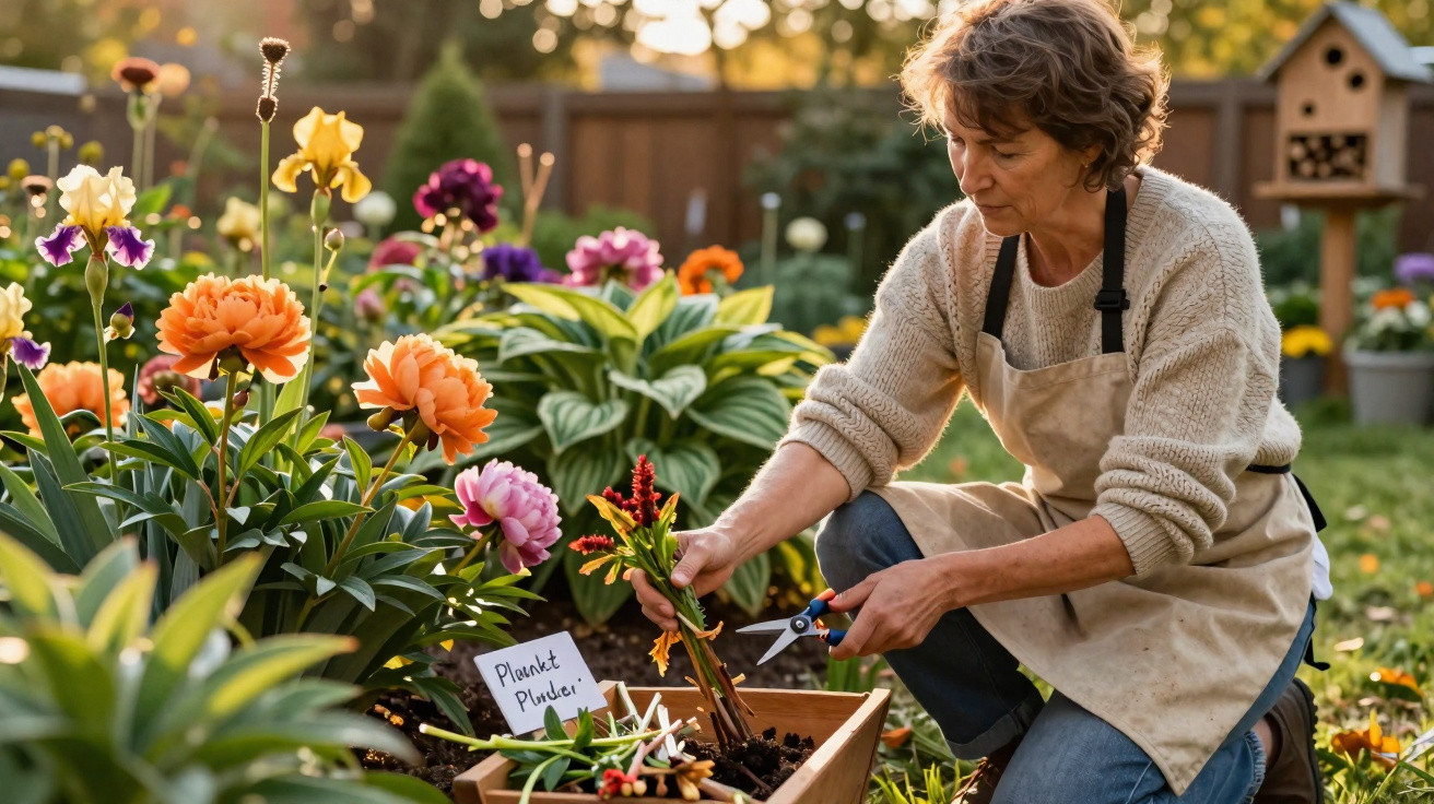 Mulher cuidando de flores coloridas em jardim ao ar livre durante o dia, usando avental e tesoura de poda.