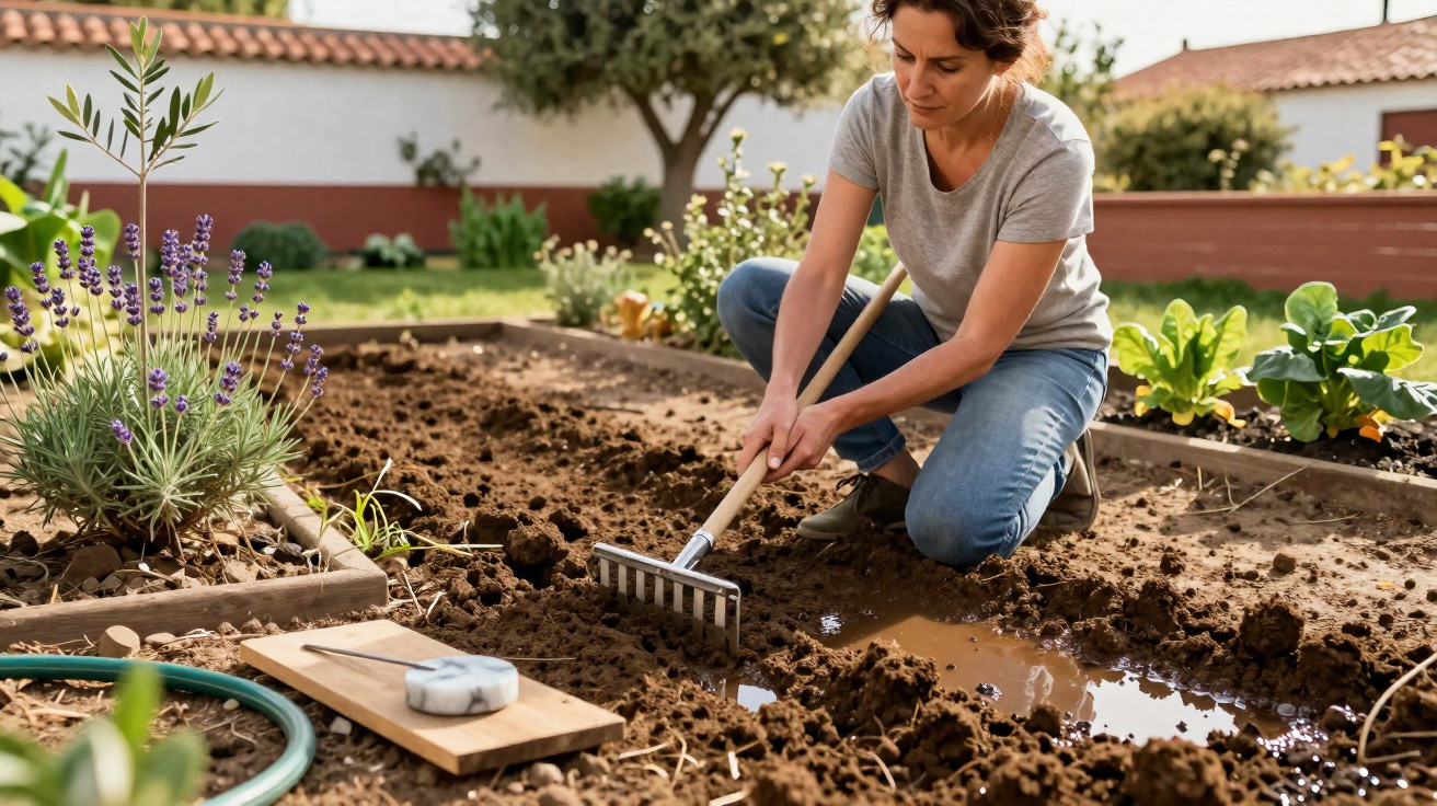 Mulher jardinando com ancinho em jardim cultivado, cercado por plantas e flores em dia ensolarado.