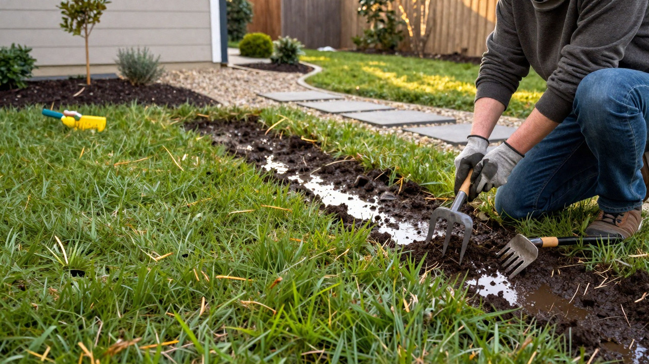 Pessoa de joelhos preparando solo úmido no jardim com ferramentas de jardinagem e gramado ao redor.