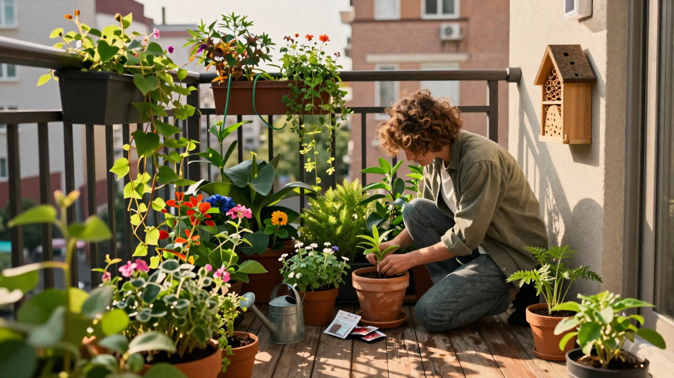 Pessoa cuidando de plantas em vasos em varanda com várias flores e folhas verdes.