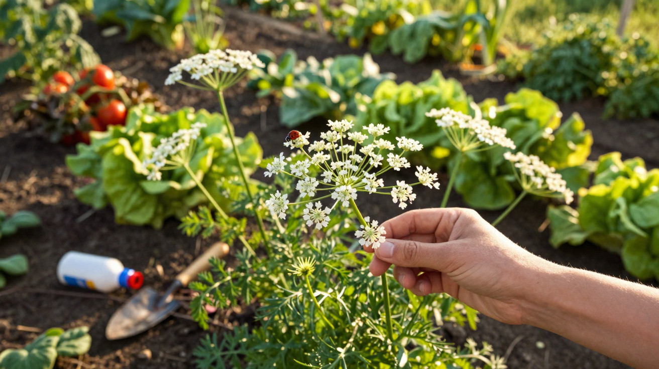 Mão segurando flor branca no jardim com alface, tomate e ferramentas de cultivo ao fundo.