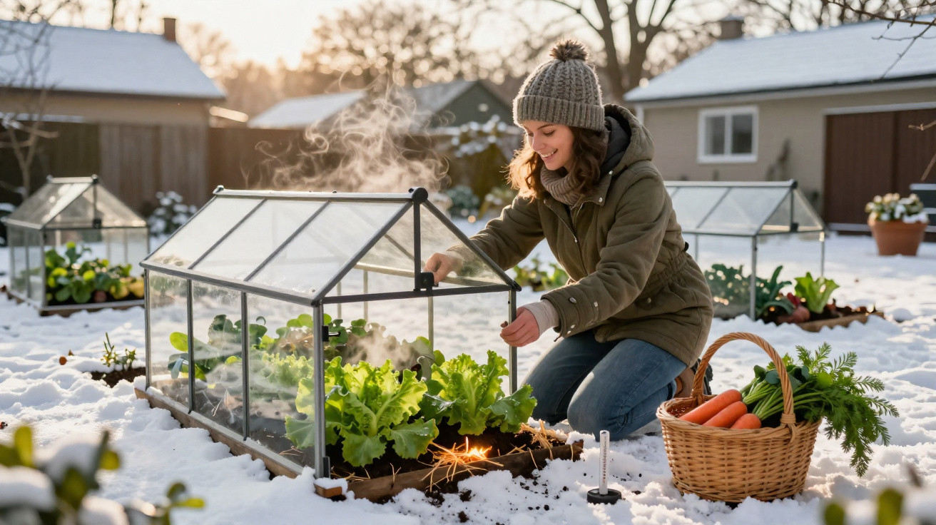 Mulher cuidando de plantas em estufa pequena no jardim coberto de neve com cesta de cenouras ao lado.
