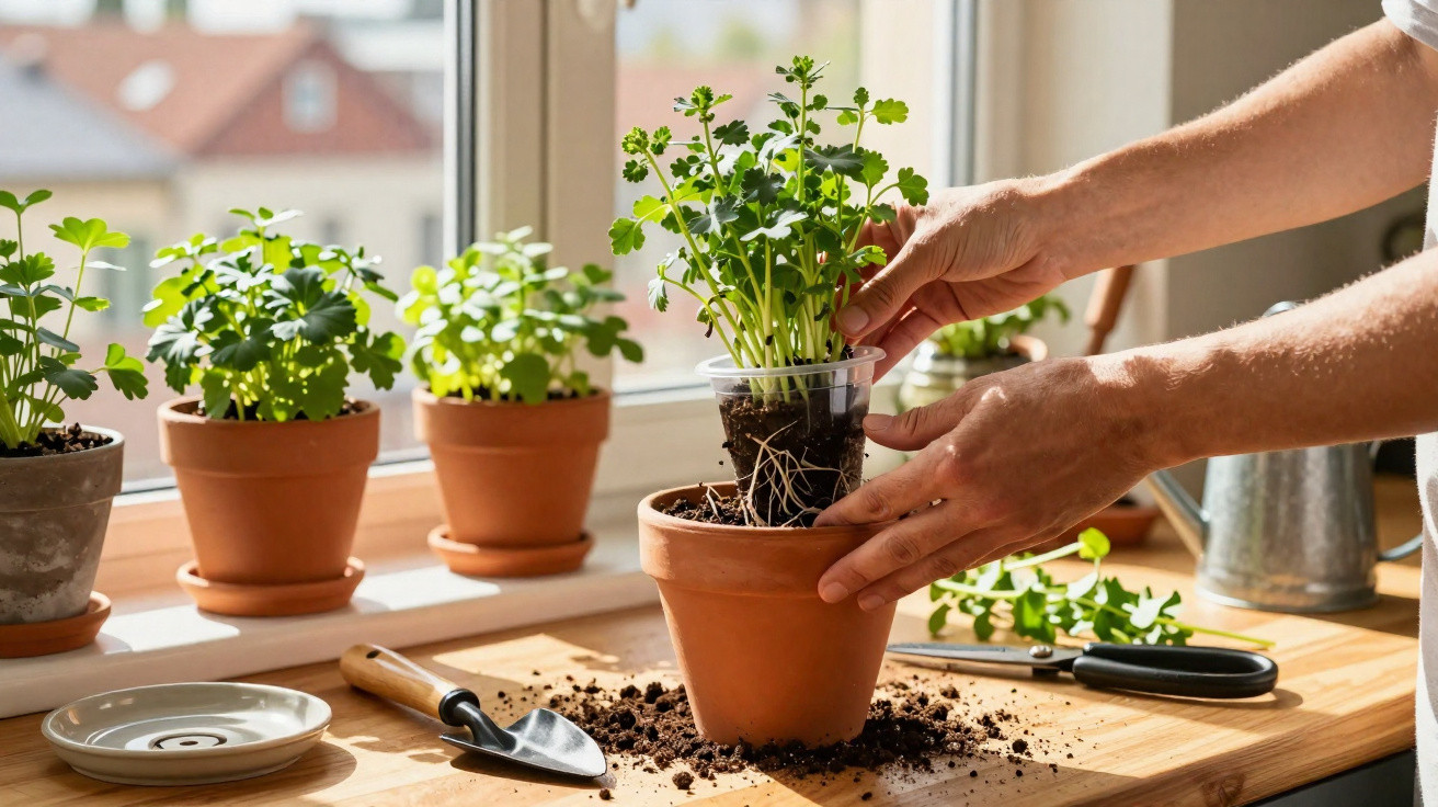 Pessoa transplantando muda de ervas em vaso de barro em janela com luz natural e ferramentas de jardinagem.