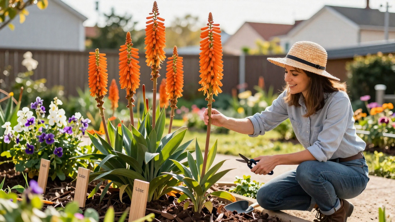 Mulher com chapéu cultivando flores laranja em jardim ensolarado durante o dia.