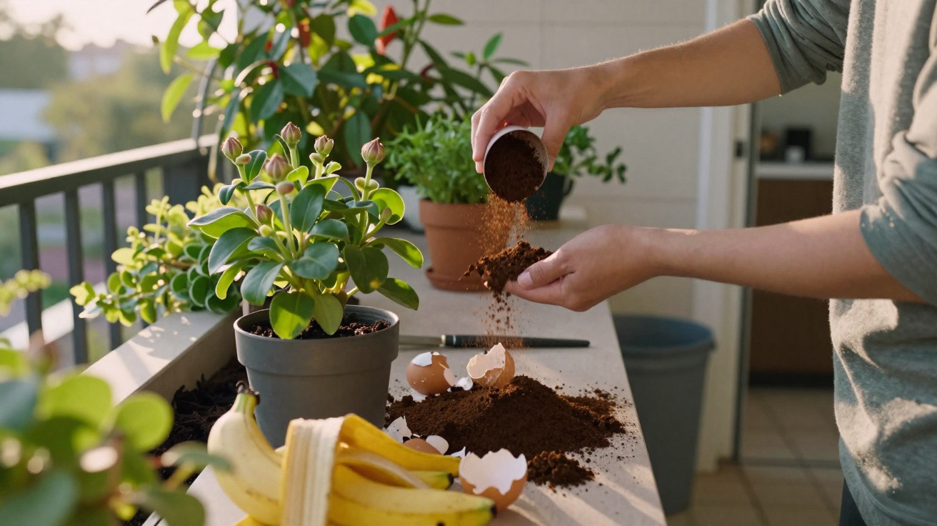 Pessoa adiciona terra em vaso para plantas em varanda ensolarada com bananas e cascas de ovo.