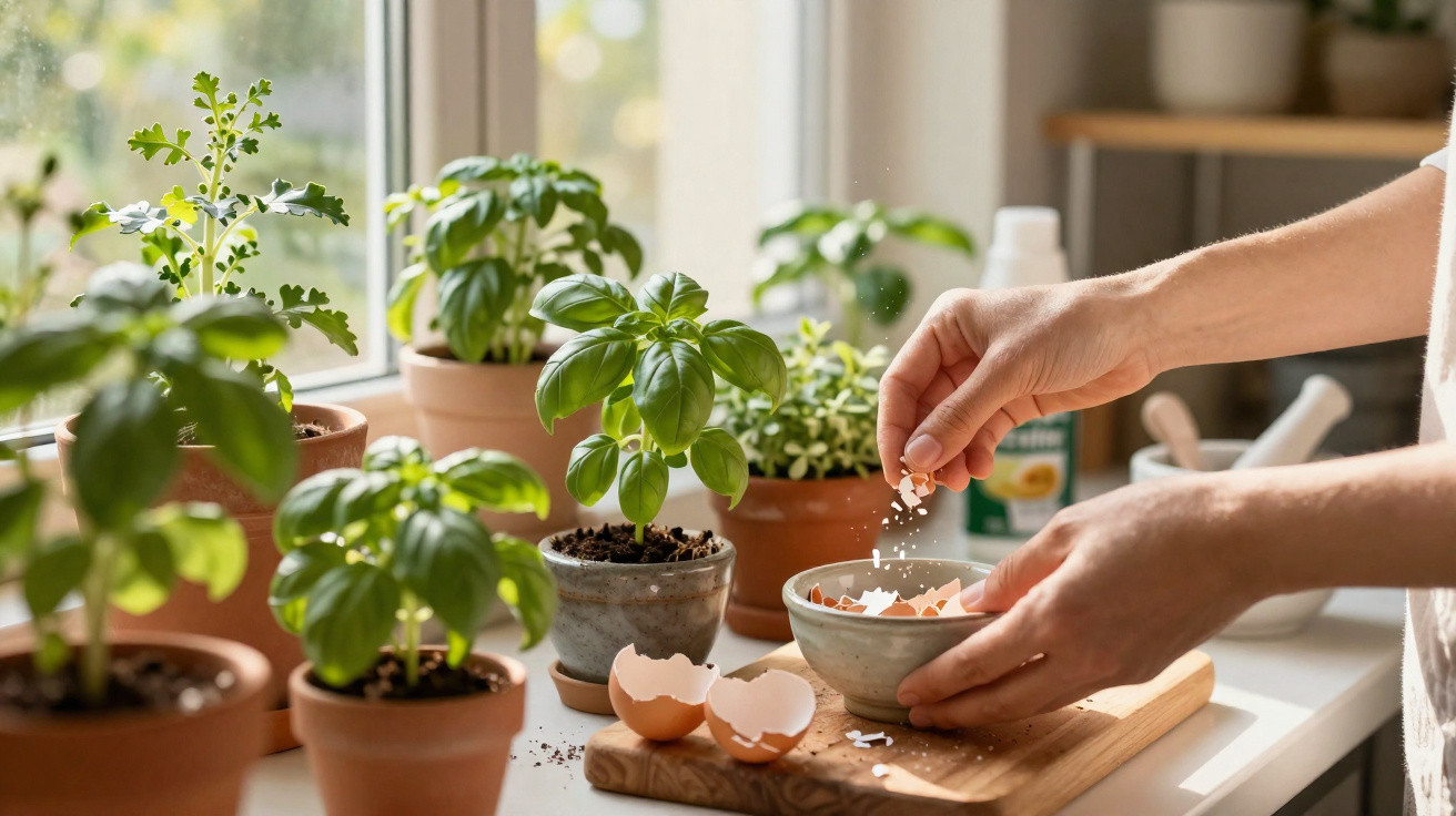 Mãos adicionando casca de ovo triturada em vaso para adubo, com várias plantas em vasos no fundo.