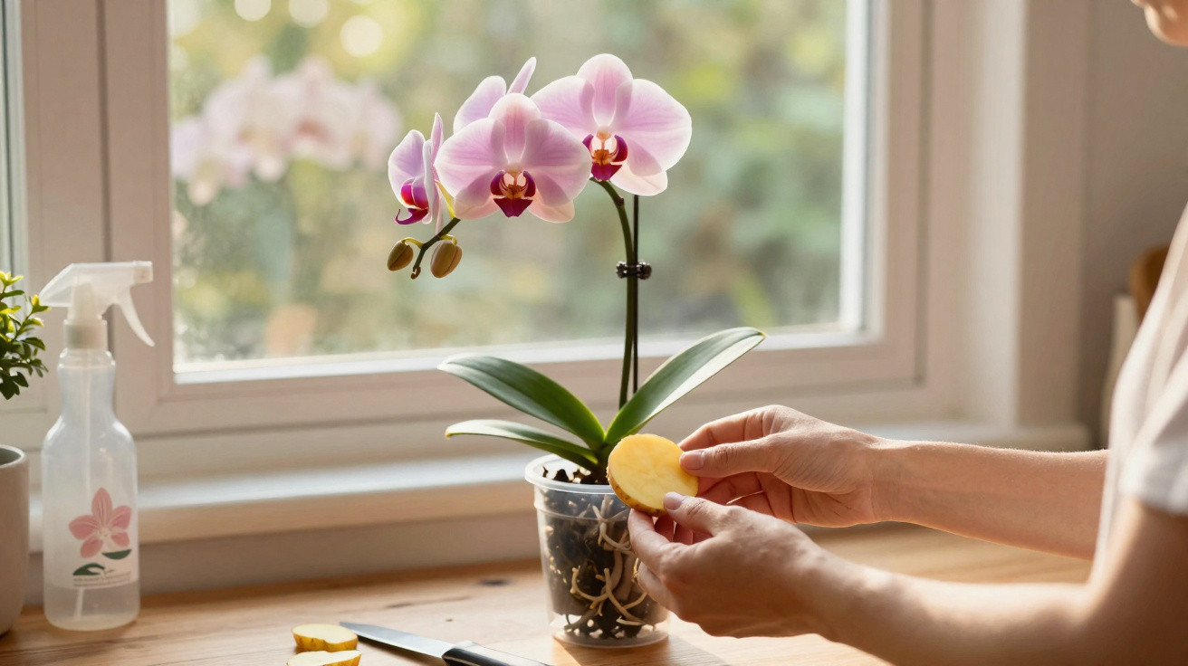 Pessoa cuidando de orquídea rosa ao lado da janela com pedaço de batata nas mãos e borrifador ao lado.