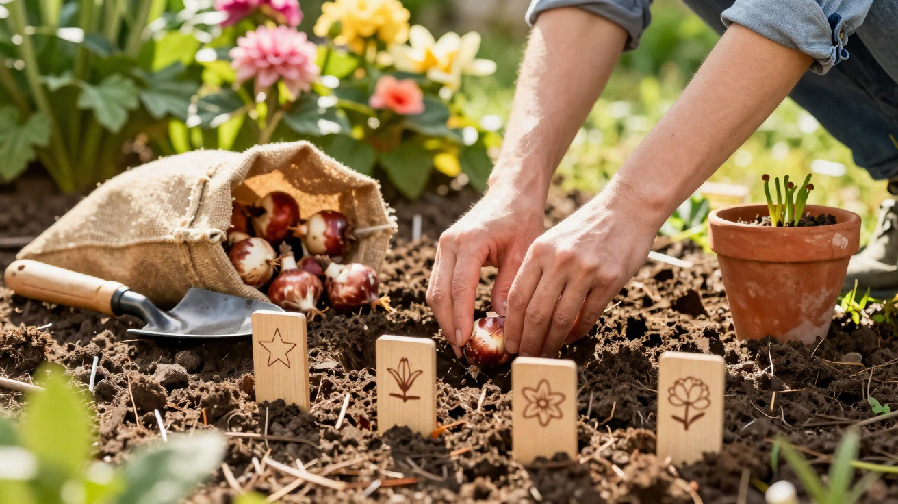 Mãos plantando bulbos de flores em jardim com flores coloridas e ferramentas de jardinagem.