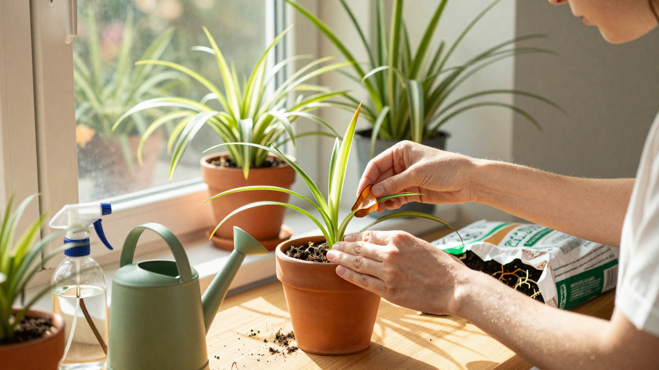 Pessoa cuidando de planta em vaso de barro sobre mesa perto de janela com regador e pulverizador ao lado.