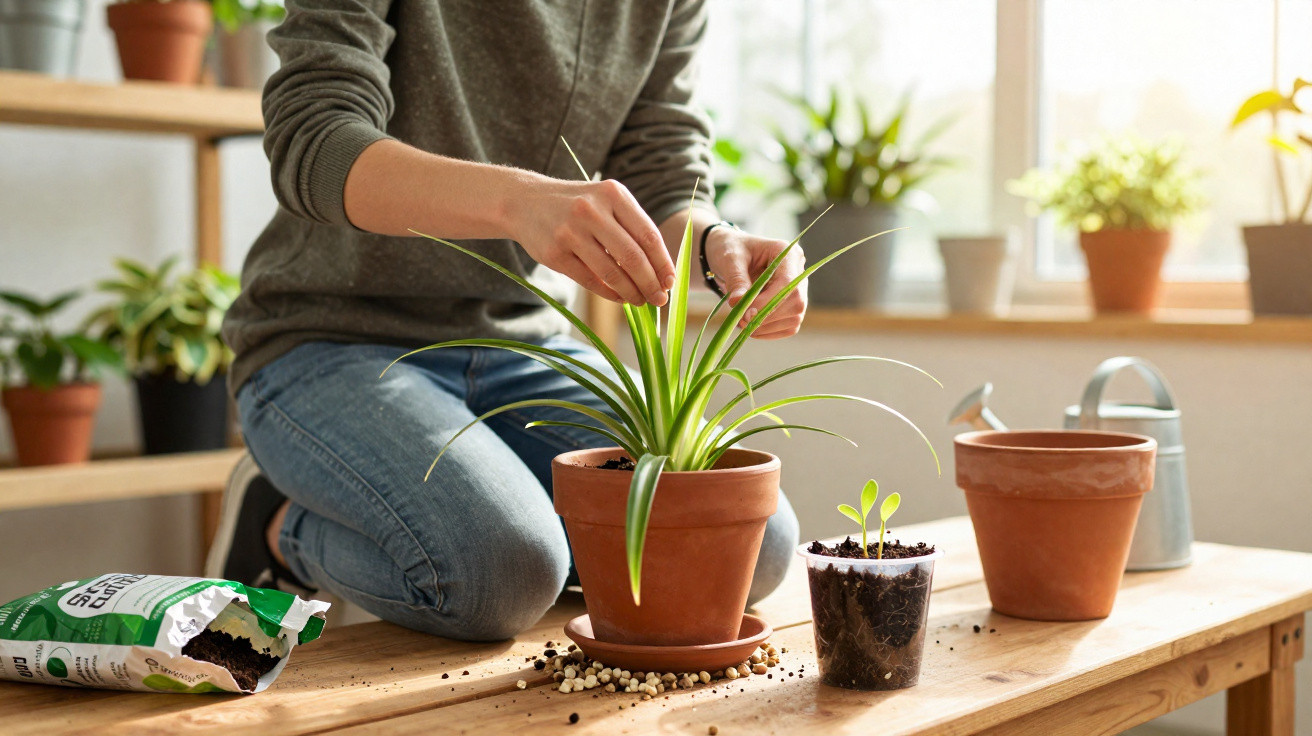 Pessoa cuidando de planta em vaso de barro sobre mesa de madeira em ambiente iluminado.
