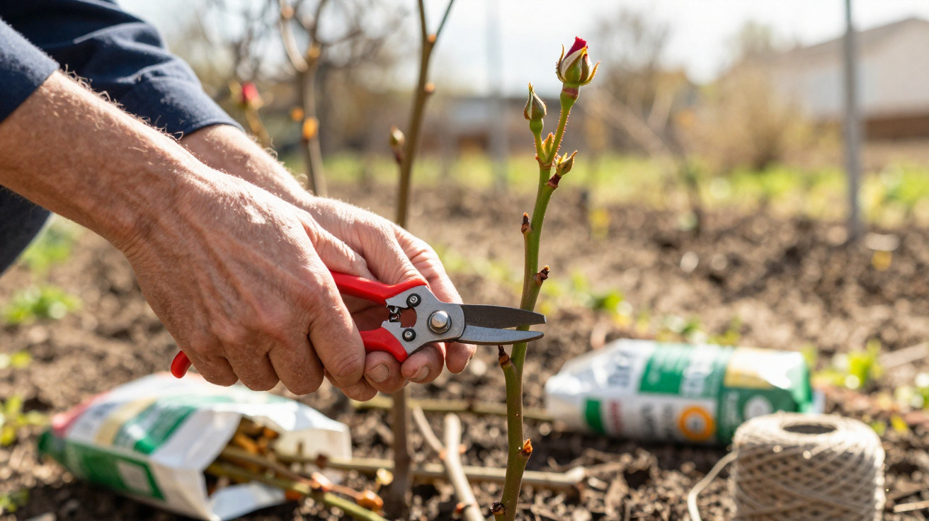 Mãos podando galho de rosa com tesoura de jardinagem em área externa ensolarada.