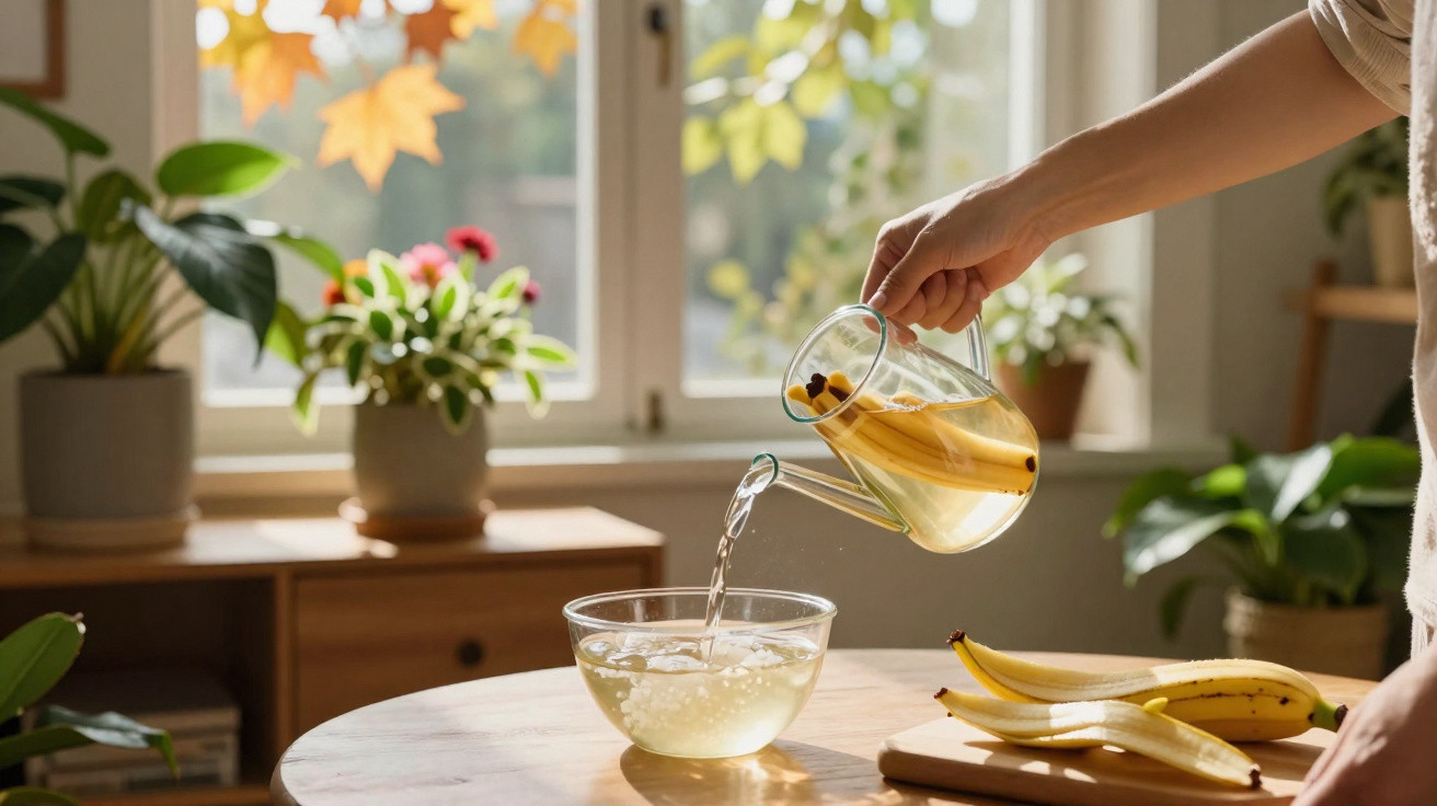 Pessoa derramando infusão de canela em tigela de vidro em mesa com bananas, plantas e janela ao fundo.