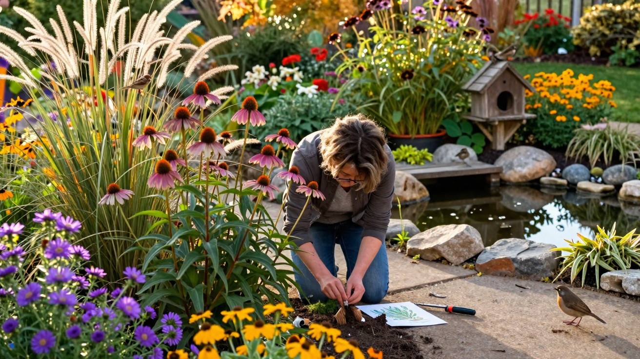 Mulher jardinando em meio a flores coloridas perto de lagoa decorativa com passarinho próximo.