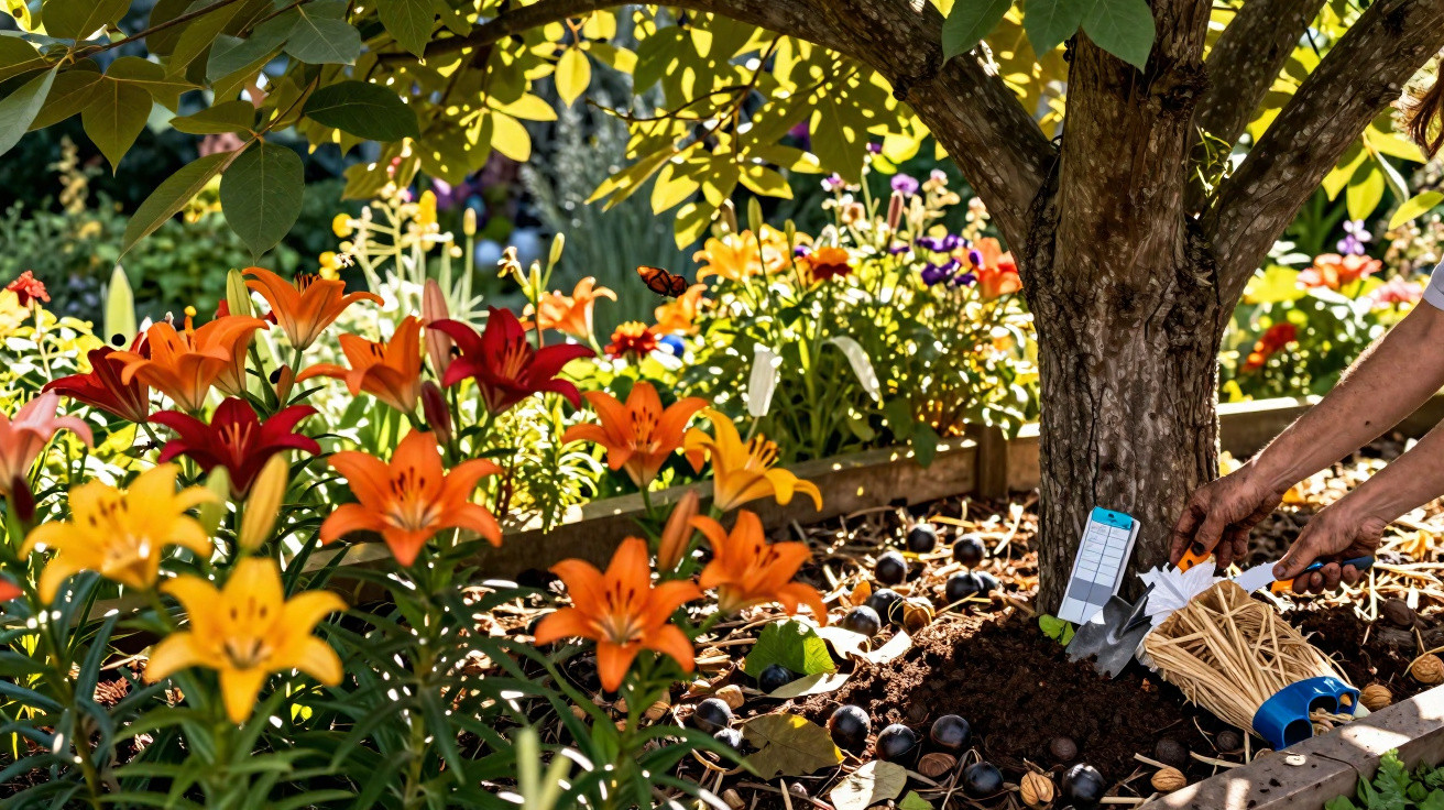 Flores laranjas, amarelas e vermelhas ao redor de árvore com mãos cuidando do solo em jardim ensolarado.