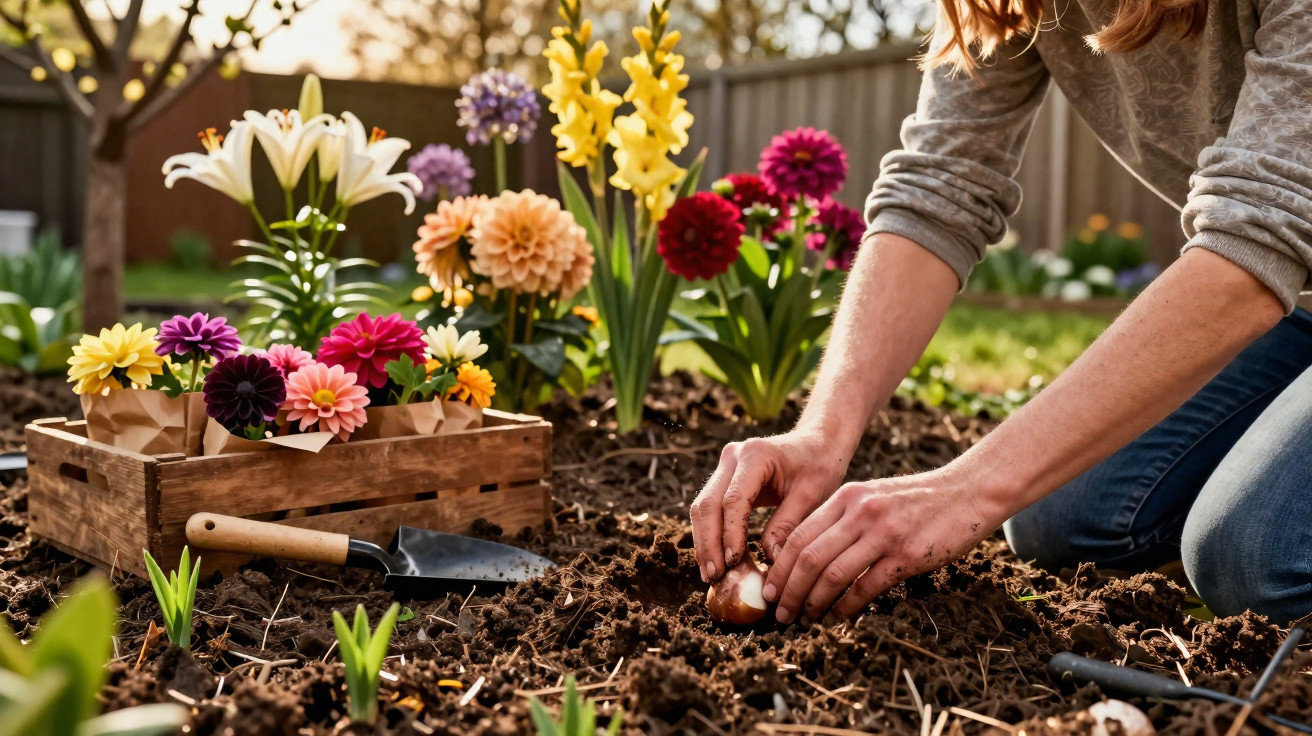 Pessoa plantando bulbo de flor no jardim com flores coloridas e ferramenta de jardinagem ao lado.