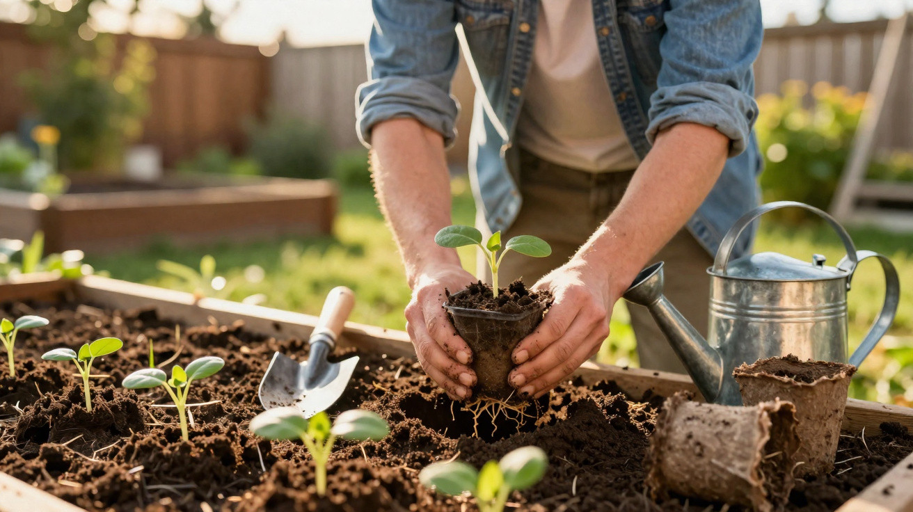 Pessoa transplantando muda de planta em canteiro com regador e pá ao redor.