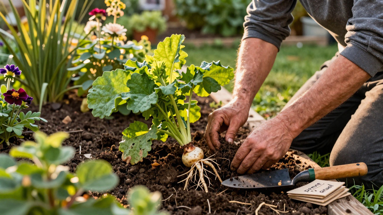 Pessoa plantando um rabanete em canteiro de terra cercado por flores coloridas em jardim.