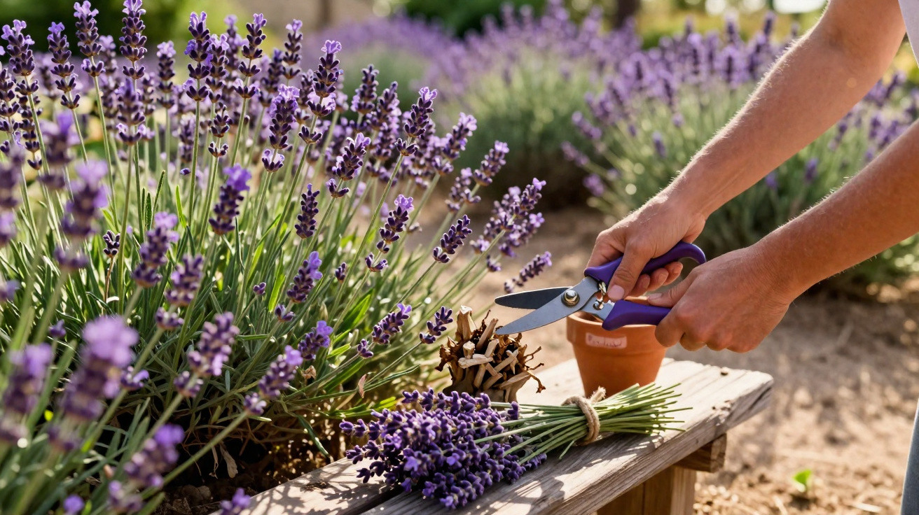 Pessoa podando flores de lavanda roxa em um jardim ensolarado com tesoura de poda.