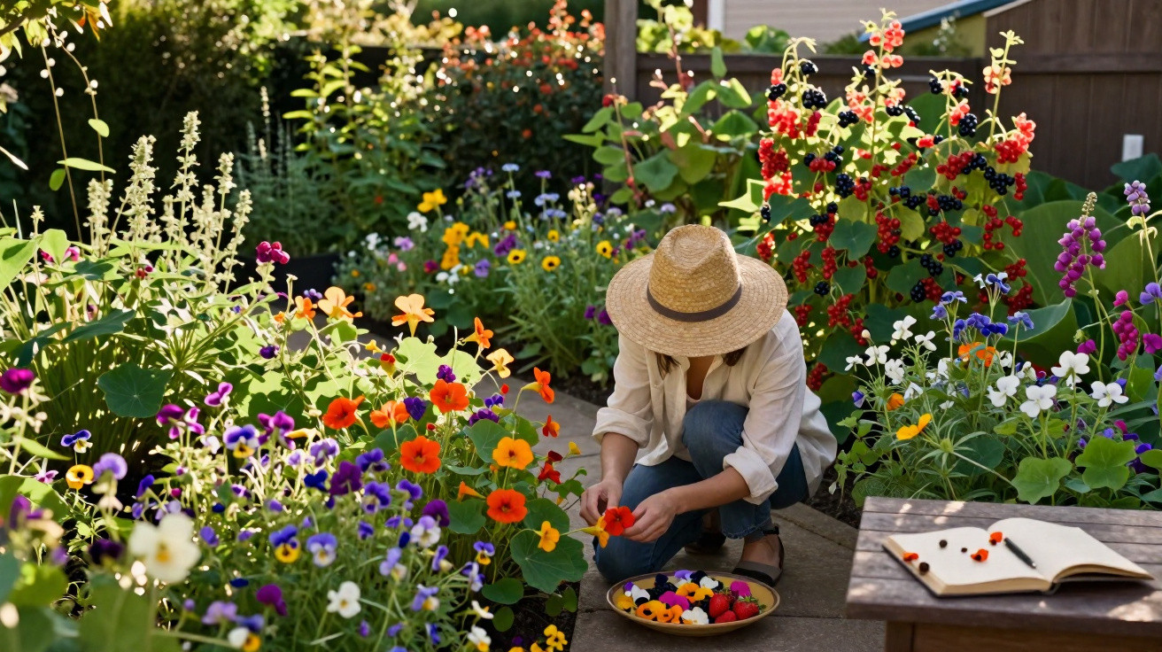 Pessoa com chapéu colhendo flores coloridas em jardim florido ao ar livre com caderno aberto próximo.