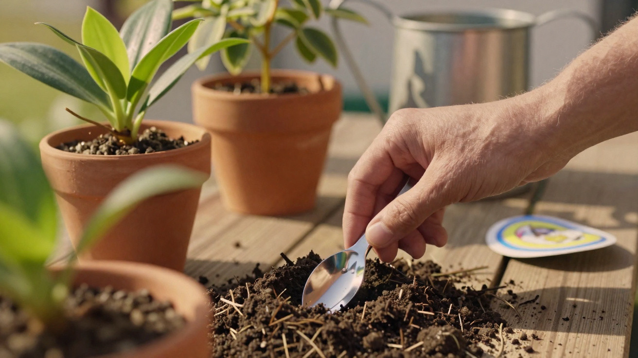 Mão mexendo a terra com colher pequena perto de vasos de planta em mesa de madeira.