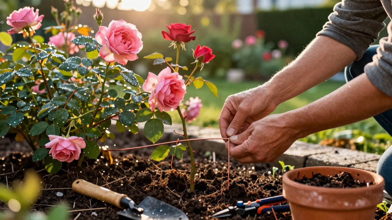 Pessoa cuidando de rosas cor-de-rosa e vermelhas em um jardim ensolarado com ferramentas ao redor.