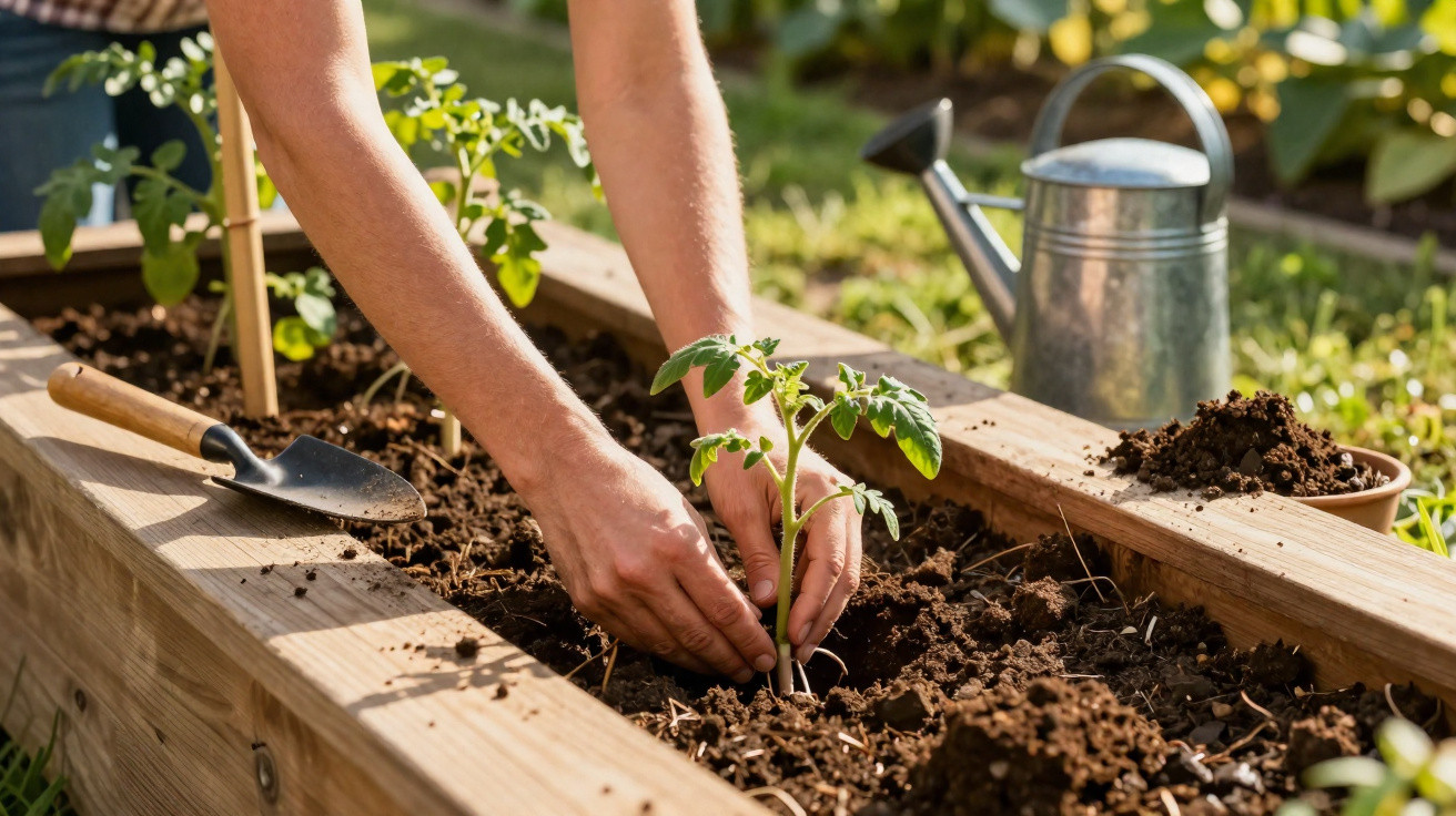 Pessoa plantando muda de tomate em canteiro de madeira com regador e pá ao fundo.