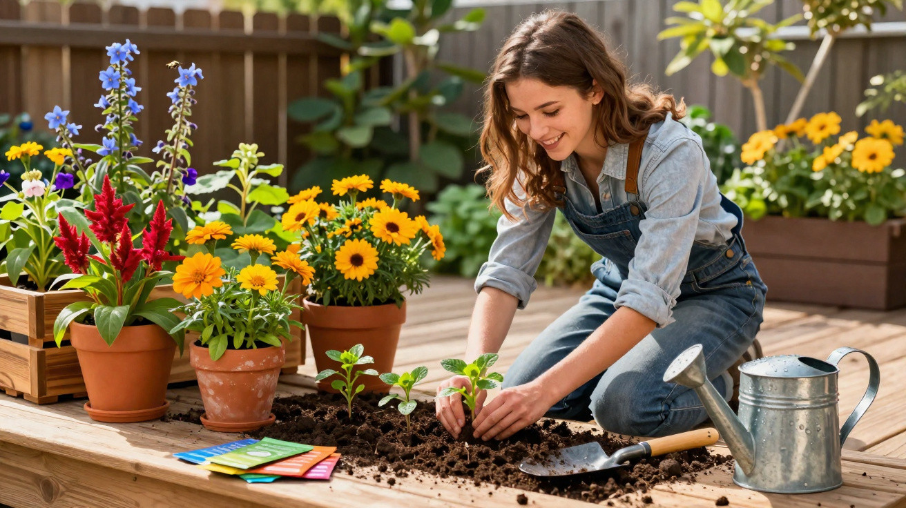 Mulher sorrindo plantando mudas em jardim com várias flores e regador ao lado em área externa.