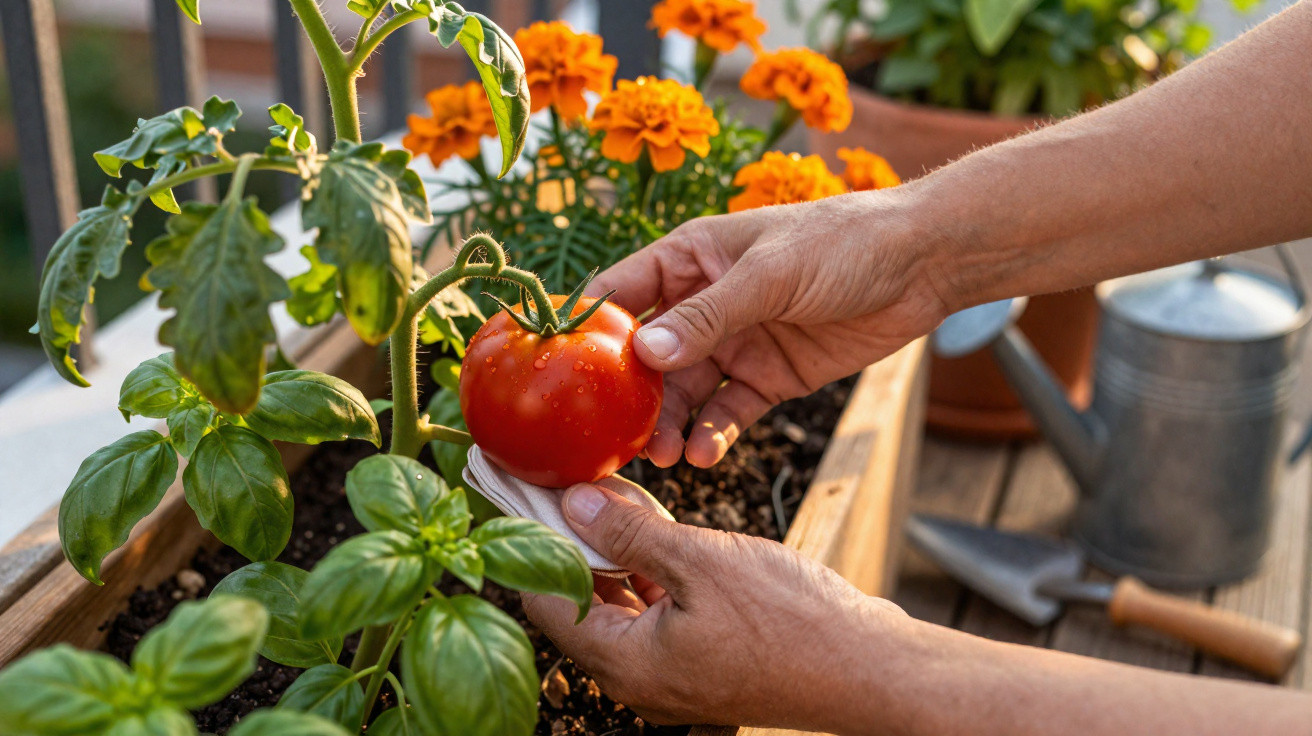 Mãos colhendo tomate maduro em vaso com plantas e flores em jardim urbano.