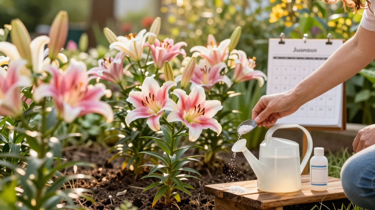 Pessoa usando colher para colocar fertilizante em regador perto de flores rosas em jardim com calendário ao fundo.
