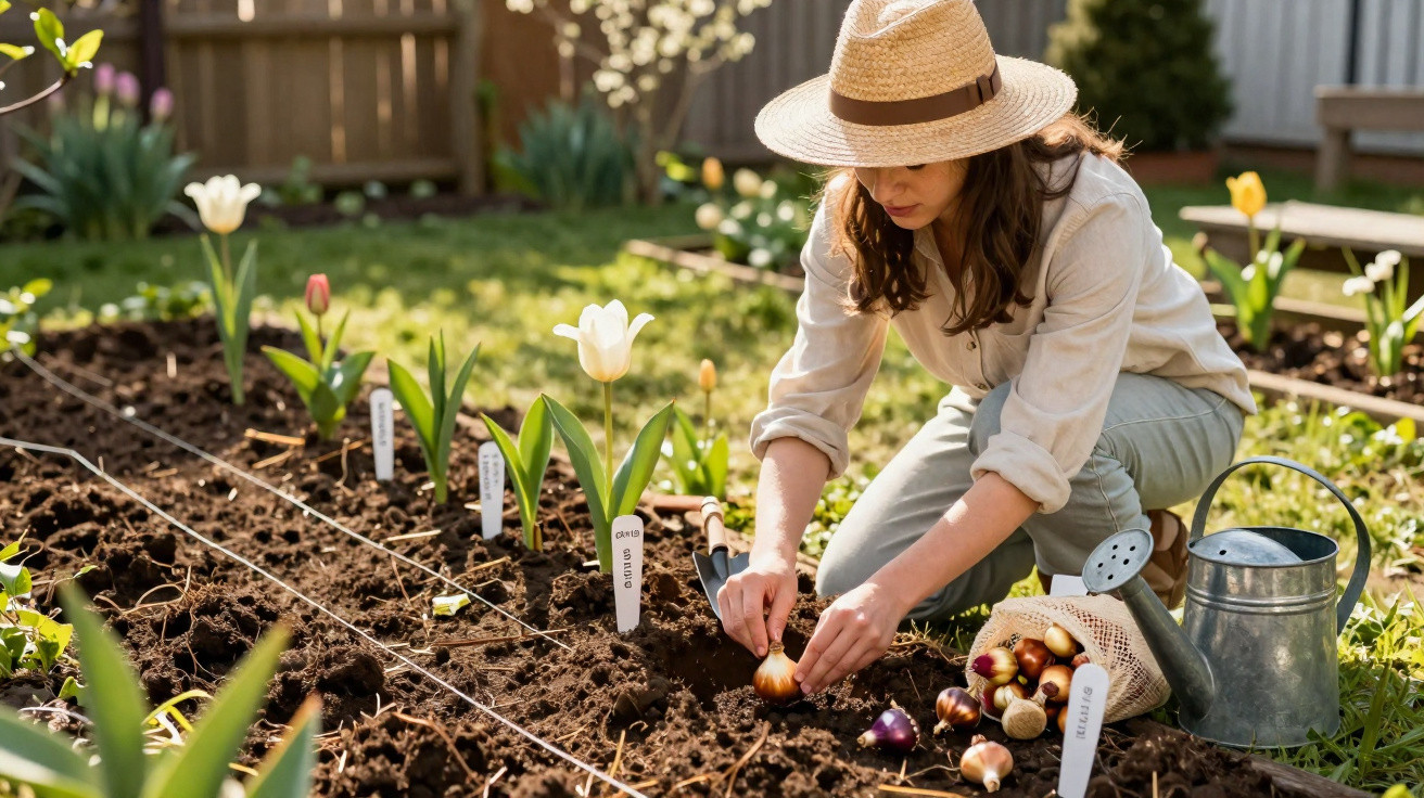 Mulher com chapéu plantando bulbos de flores em canteiro de jardim ensolarado.