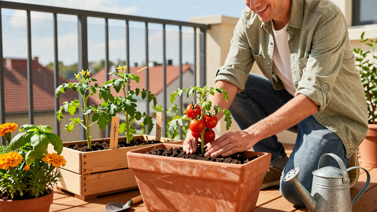 Homem cuidando de planta com tomates vermelhos maduros em vaso na varanda ensolarada.