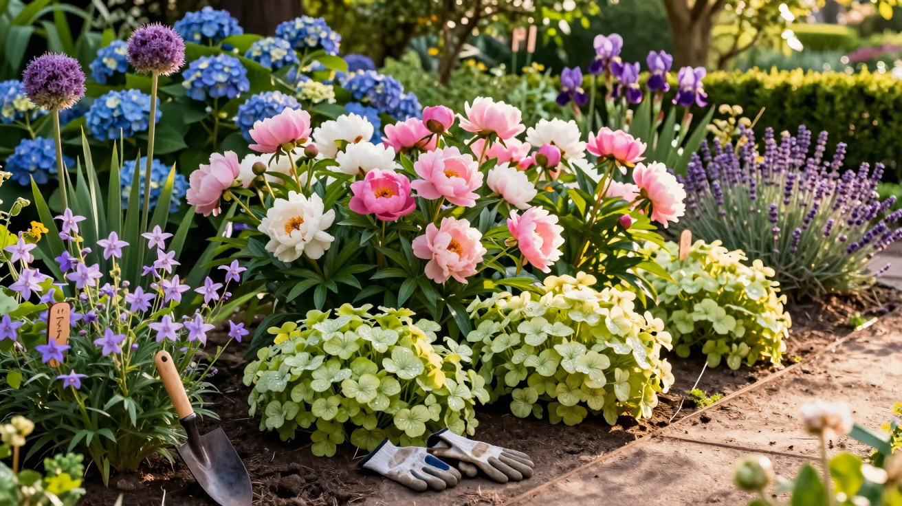 Jardim florido com peônias rosas e brancas, hortênsias azuis, lavandas e ferramentas de jardinagem no solo.
