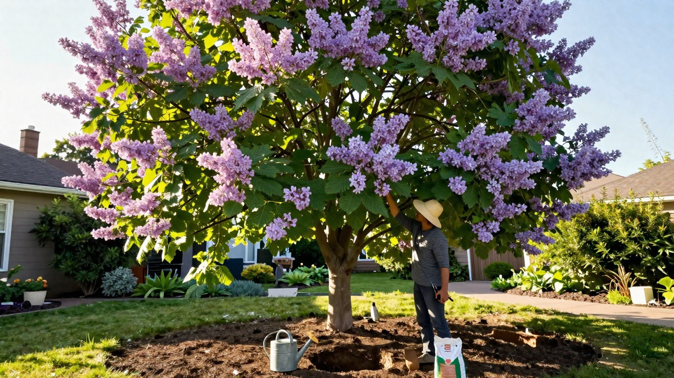 Pessoa com chapéu cuidando de árvore florida com flores roxas em jardim residencial ensolarado.