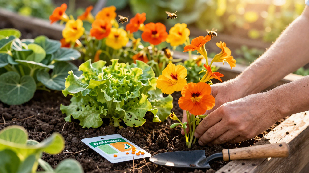 Pessoa plantando flores laranjas em canteiro com alface e abelhas voando ao redor.