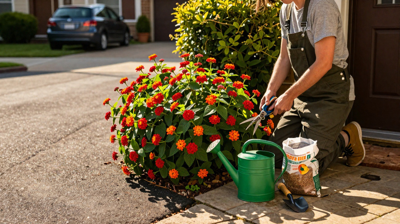 Pessoa cuidando de flores vermelhas e laranja, usando tesoura de jardinagem em área externa residencial.