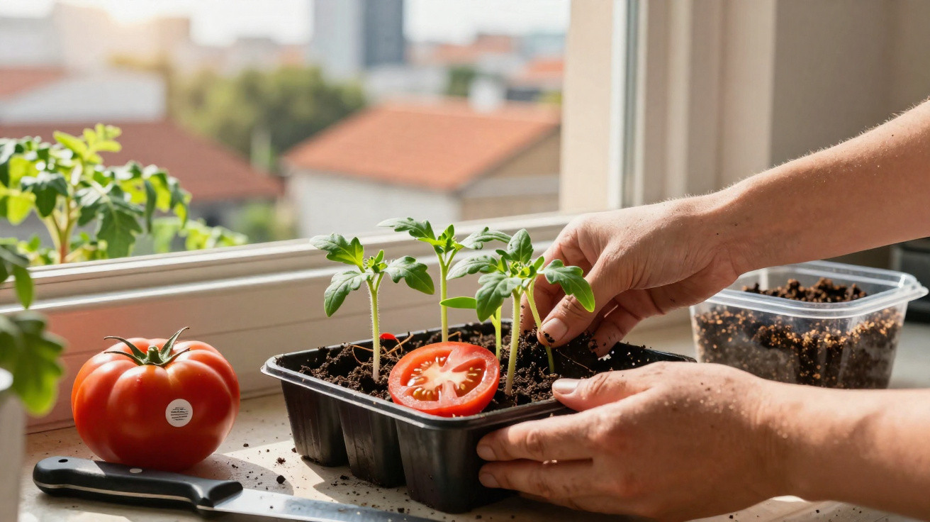 Mãos cuidando de mudas de tomateiras em recipiente com solo, ao lado de tomate e faca na janela.