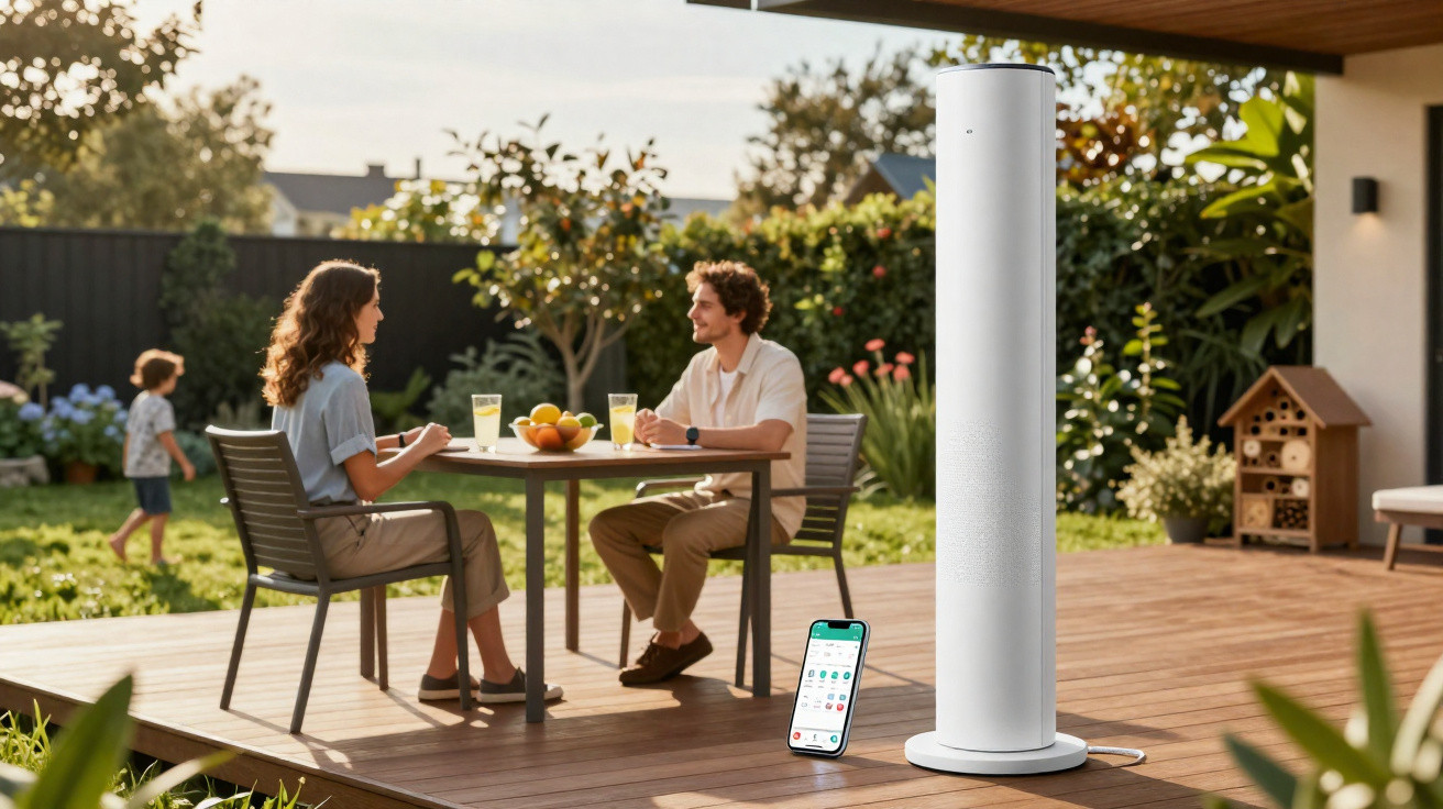 Casal sentado em mesa no jardim com dispositivo tecnológico alto e celular em apoio no chão.