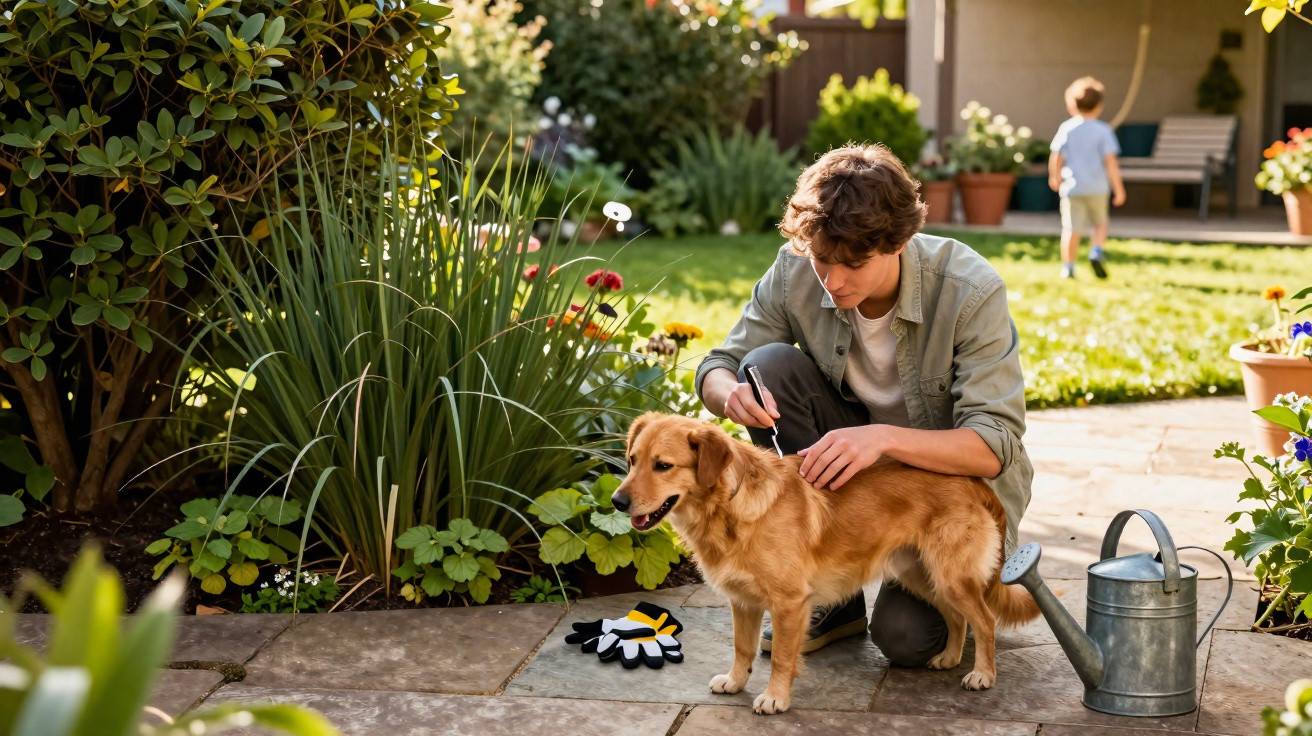 Jovem cuidando de cachorro em jardim cheio de plantas e flores, com criança ao fundo.