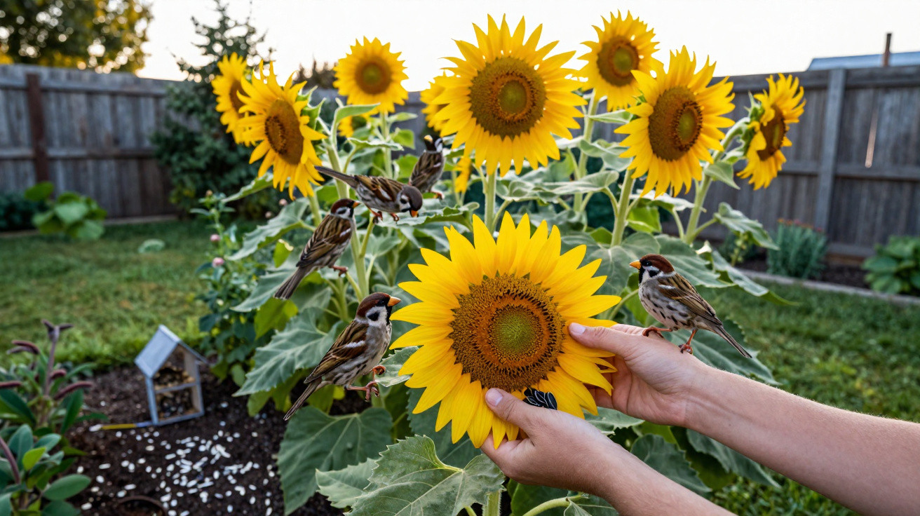 Mãos seguram girassol enquanto pardais pousam e se alimentam em flores num jardim cercado por cerca de madeira.