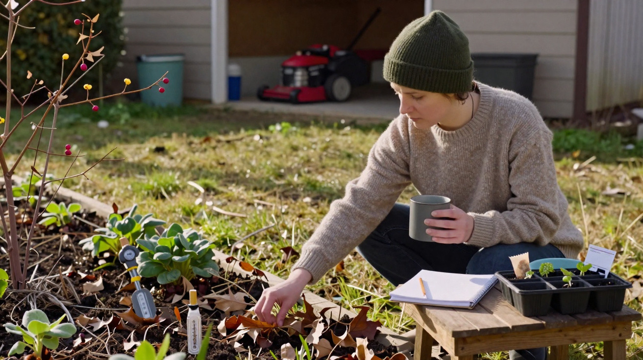 Pessoa com gorro verde cuidando de plantas em jardim, segurando caneca e caderno aberto ao lado.