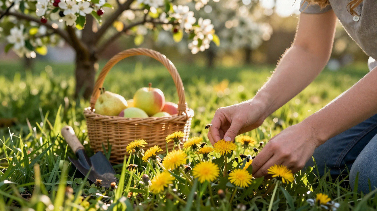 Pessoa colhendo flores amarelas em jardim com cesta de frutas e pá ao fundo na luz do sol.