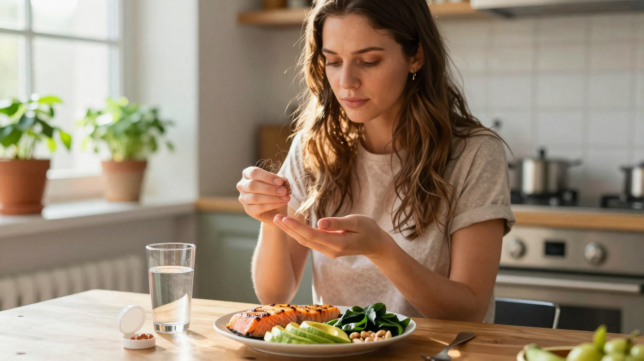 Mulher sentada à mesa na cozinha, tomando suplemento e com prato de comida saudável à sua frente.